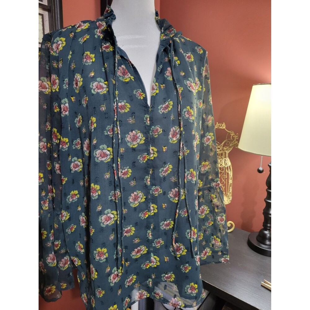 LOFT Women's M Teal Floral Tie-Neck Sheer Blouse Business Casual Office